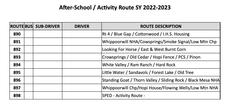 Activity Route Schedule