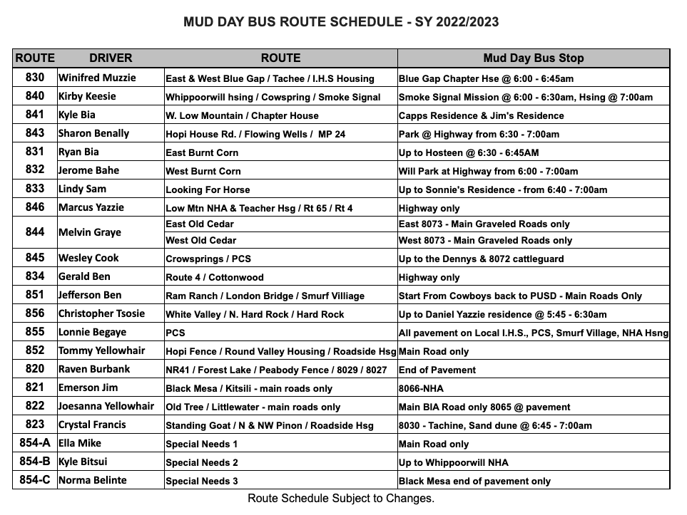 Mud Route Schedule