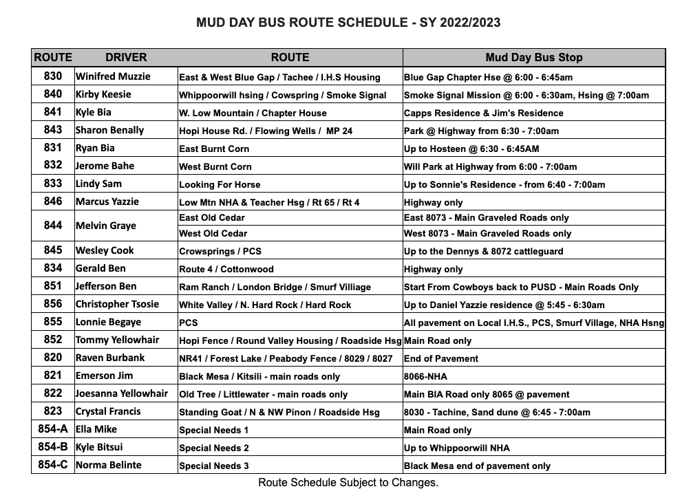 Mud Route Bus Schedule